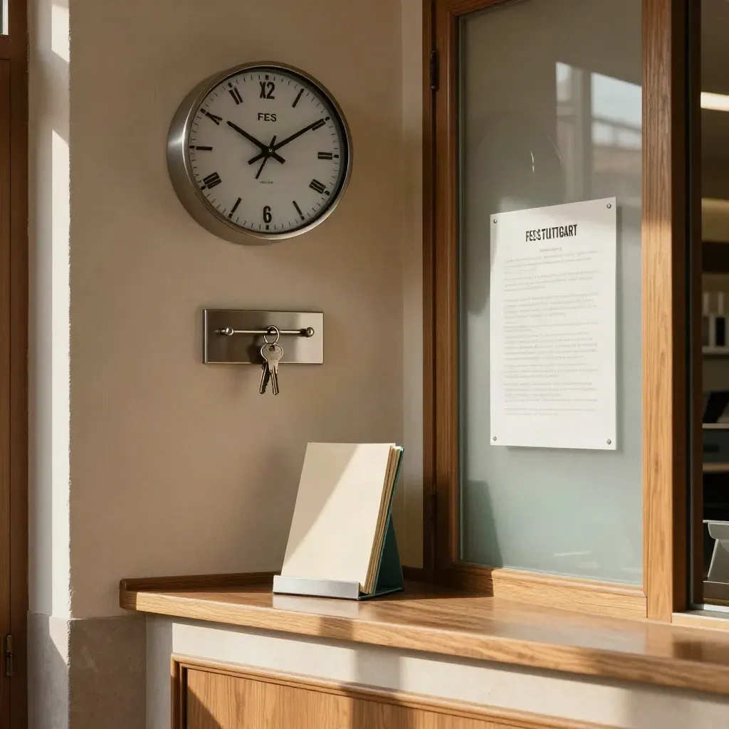 Infocorner mit Uhr, Schlüsselleiste, Prospektständer und Milchglas-Tafel in warmem Licht.