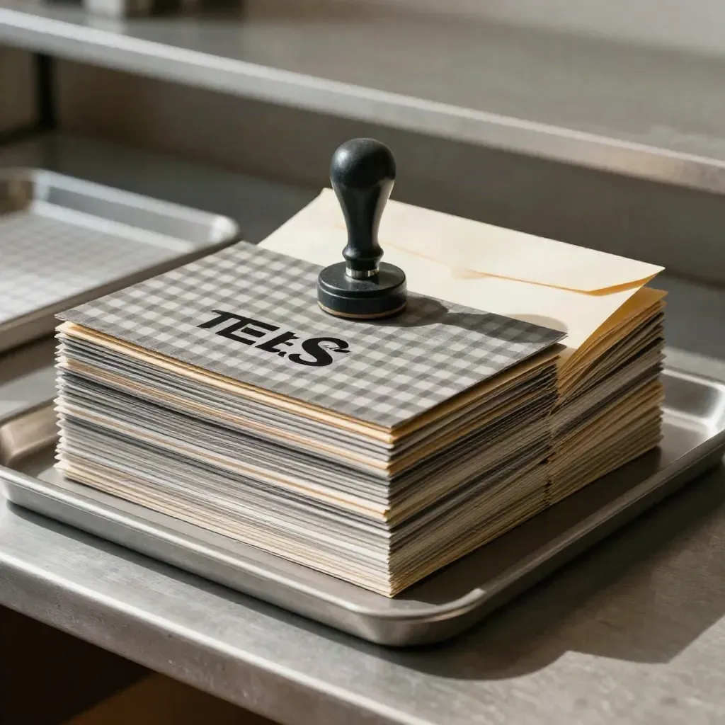 Geordneter Antragsstapel mit Stempel und Ablagetray auf hellem Steintisch.