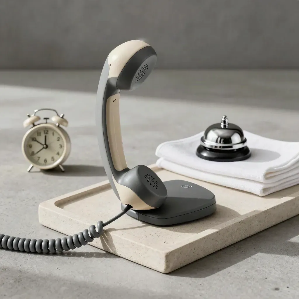 Telefonhörer schwebt über der Basis, daneben Uhr, Klingel und Tuch auf Stein.