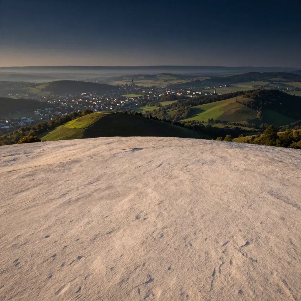 Hazy Panorama über die Region Stuttgart mit Hügeln, Städten und hellem Stein im Vordergrund
